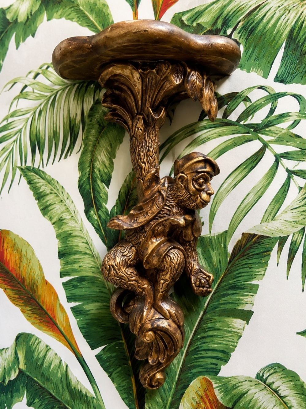 Vintage Monkey Palm Beach‎ Hollywood Regency Gold Gilt Monkey Wall Sconce Shelf